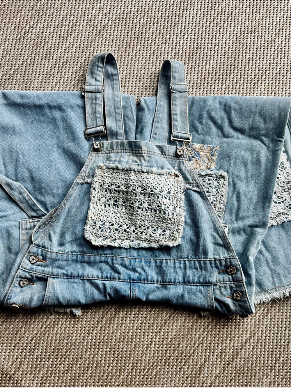 POL Light Blue Denim Overalls with Crochet Accents